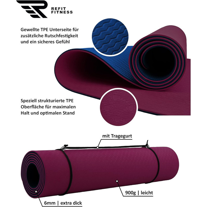Килимок для йоги REFIT FITNESS 190x60x0,6 см, TPE, антиковзкий, екологічний, з ременем для перенесення, GeckoGrip & Sensi-Plus, для йоги та фітнесу