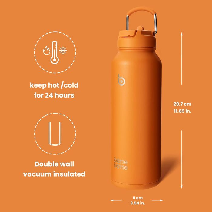 Спортивна пляшка для води bottlebottle, 1л, ізольована, нержавіюча сталь, з трубочкою та контейнером для пігулок, помаранчева