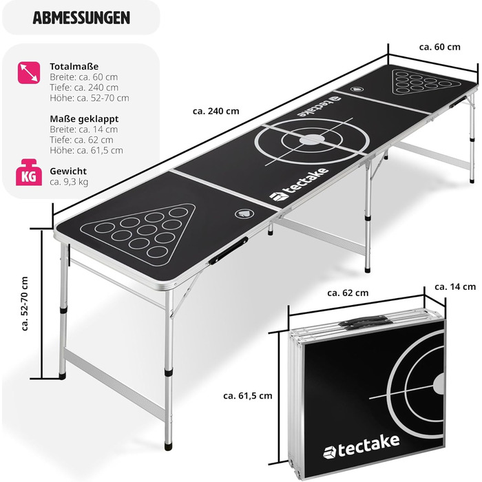 Стіл для Beer Pong tectake, складаний, регульований, з ручками, набір 100 келихів (50 червоних, 50 синіх) та 6 м'ячів, ігри для вечірок, питна гра для дорослих
