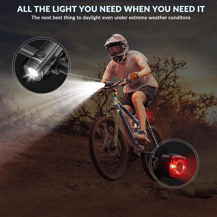 Набір велосипедних ліхтарів LED, передній та задній, USB акумулятор, водонепроникні, сертифіковані StVZO