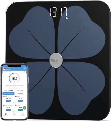 Цифрові ваги для ванної кімнати Vitafit Fat Scale, Bluetooth ваги складу тіла з додатком, розумні ваги для жиру в організмі, ІМТ, м'язової маси, білка, BMR, чорний