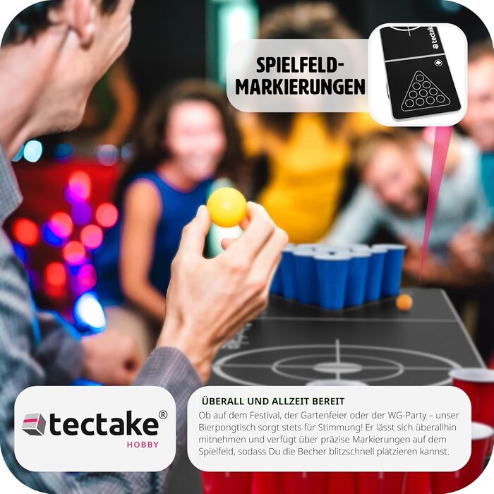 Стіл для Beer Pong tectake, складаний, регульований, з ручками, набір 100 келихів (50 червоних, 50 синіх) та 6 м'ячів, ігри для вечірок, питна гра для дорослих