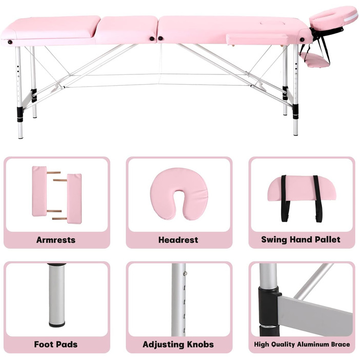 Портативний масажний стіл Panana Складний 3-зонний масажний стіл з регулюванням висоти з підголівником і підлокітниками Масажна лавка Алюмінієвий тату-стіл (рожевий)