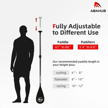 SUP весло Abahub 3-секційне карбонове з чохлом, телескопічне 170-218 см, карбоновий держак, пластикове лезо, чорне/сіре/синє/помаранчеве/червоне/жовте, для SUP-дошки та серфборду