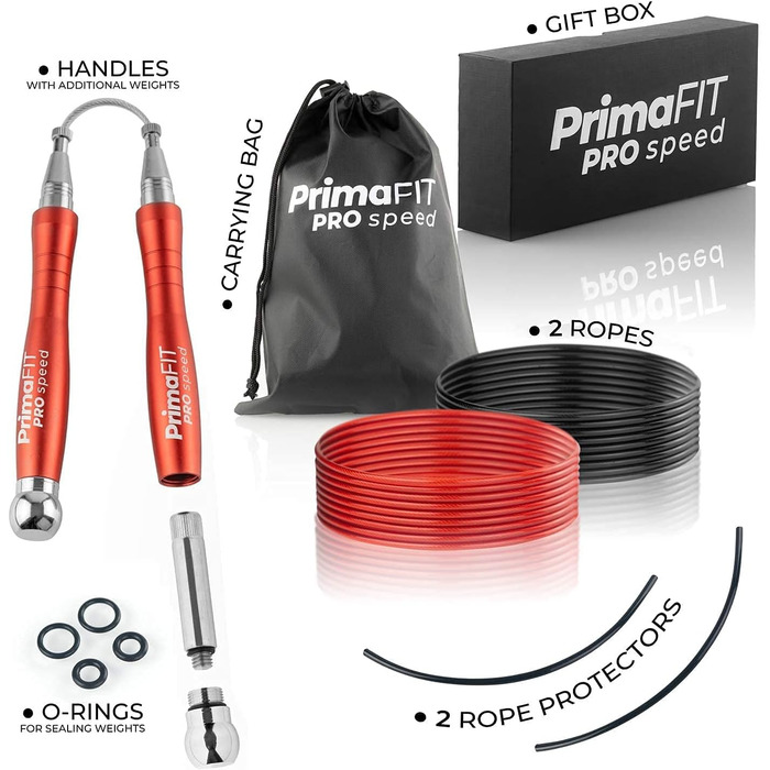 Скакалка Fitness Pro Speed Jump Rope 3 м, регульована, з обтяженнями, 2 кульковими підшипниками та протиковзкими ручками, для боксу, ММА, кросфіту, з додатковою сталевою мотузкою, червона сумка.