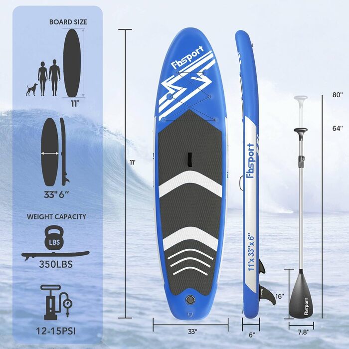 Преміальна надувна SUP-дошка FBSPORT для йоги та серфінгу з аксесуарами: широка стійка, антиковзке покриття, весло, насос і сумка, для підлітків і дорослих