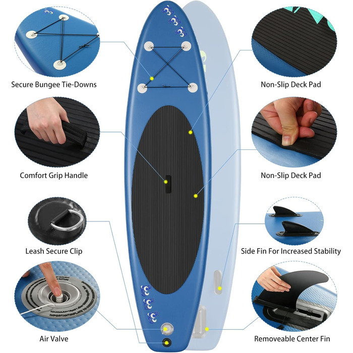 Надувна дошка SUP, дошка для веслування стоячи з регульованим алюмінієвим веслом, ручний насос, ремінь для щиколотки, центральний плавник, великий рюкзак (DEEP-BLUE)