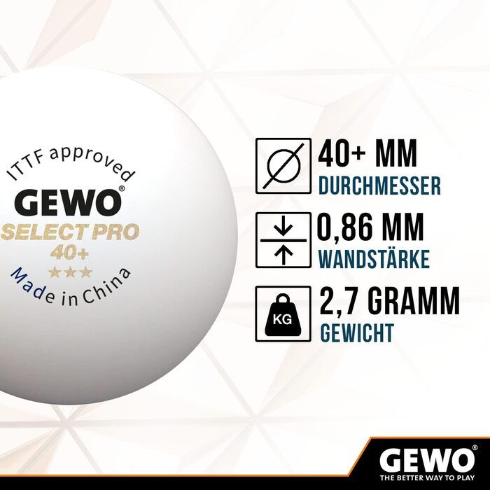 М'ячі GEWO Select PRO білі 40мм, 3-зіркові, ITTF, 3 шт.