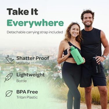 Пляшка для води Hydracy з трубочкою та часовими мітками, 2 л, BPA-free, герметична, спортивна, без конденсату, для спорту та активного відпочинку, колір аква-зелений