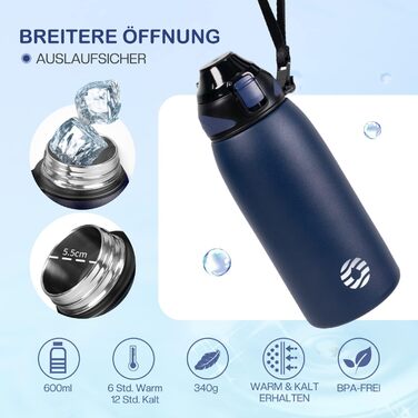 Пляшка для води FJbottle з нержавіючої сталі 1 л, 800 мл, 600 мл, 400 мл Дитяча герметична пляшка для води без бісфенолу А Термос Пляшка спортивна, газована Відповідний термос для універу, школи, фітнесу, вулиці, велосипеда (темно-синій, 600 мл)