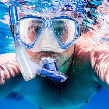 Набір для підводного плавання Dorlle Snorkel Set з трубкою та окулярами для дайвінгу, водонепроникною маскою для дайвінгу, загартованим склом проти запотівання, з 3-канальним сухим трубкою преміум-класу для дорослих (прозорий/синій)