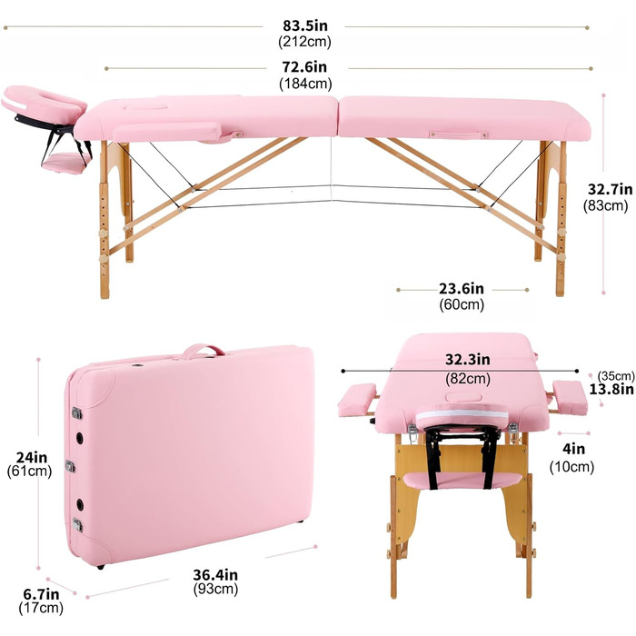 Зонний масажний стіл Panana Портативна масажна лава Регульований по висоті масажний стіл з підголівником і знімними дерев'яними підлокітниками (світло-рожевий), 2-