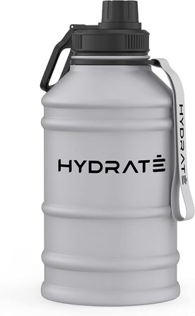 Пляшка для води HYDRATE з нержавіючої сталі - 2.2 літра - Спортивна пляшка для води без бісфенолу А - Металева пляшка для води Практичний нейлоновий ремінець і герметична кришка, що загвинчується, тренажерний зал (2.2 л, сірий Nardo)