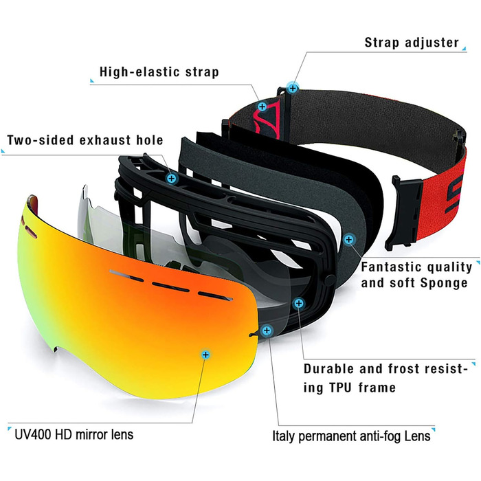 Лижні окуляри SPOSUNE OTG Окуляри для снігу для сноуборду поверх окулярів із сферичною подвійною змінною лінзою проти запотівання для чоловіків Жінки Молодіжні лижі Снігоходи Окуляри та шолом сумісні, захист UV400 Червоний