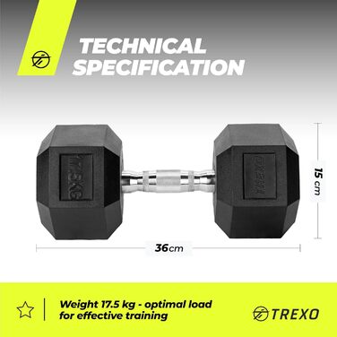 Гантель TREXO 12,5 кг - 35 кг Hexagon міцний прогумований чавун для силових тренувань в домашніх умовах з ергономічною ручкою Стабільний і універсальний шестигранник з гантелями (17,5 кг)