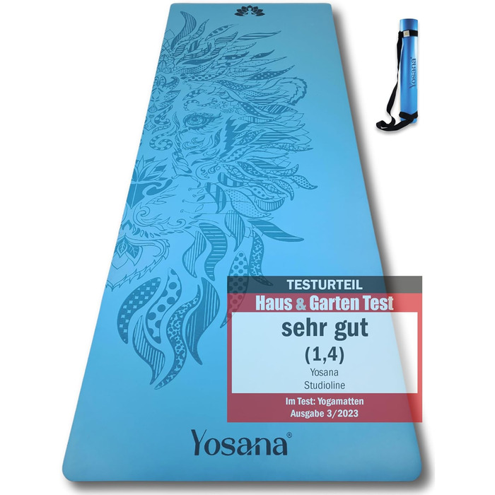 Килимок для йоги Yosana з натурального каучуку надзвичайно не ковзає Поверхня ULTRA GRIP з ECO PU дуже широка 68см включаючи ремінь для перенесення Килимок для йоги 183х68см 4 мм тонкий світло-блакитний лев 4 мм з ремінцем для перенесення
