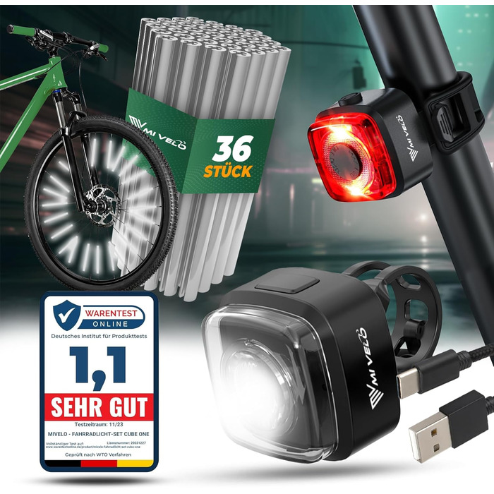 Комплект велосипедного світла Cube PRO StVZO, LED фара та задній ліхтар, USB-зарядка, водонепроникний, з рефлекторами, надяскраве освітлення