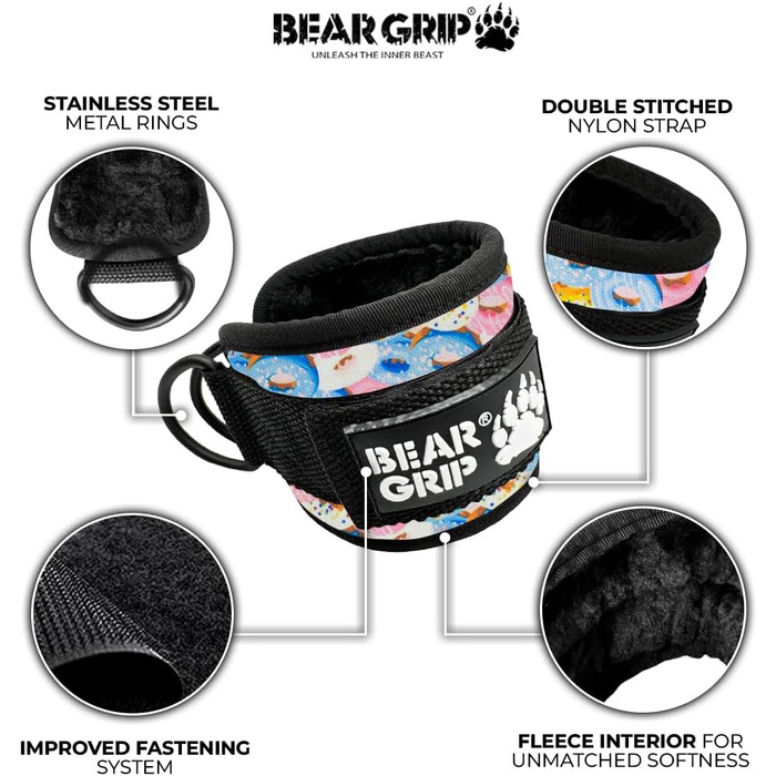 Ремінь для щиколотки BEAR GRIP (пара) - міцна застібка, подвійне D-кільце з нержавіючої сталі, регульований неопрен - манжети на щиколотку преміум-класу для покращення тренувань живота, сідниць та ніг - для жінок та чоловіків (пончик - одиночний)