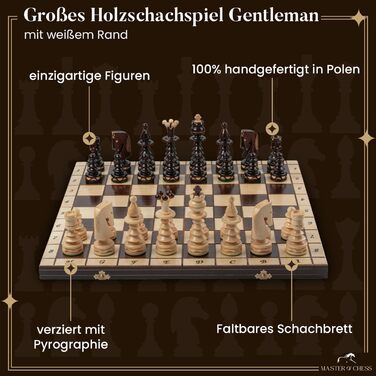 Шахи дерев'яні Gentleman 50x50 см, ручна робота, для дорослих і дітей, шахова дошка та фігури з білою рамкою