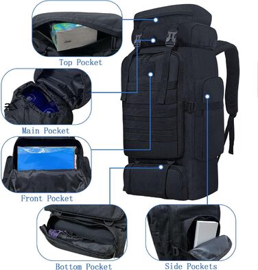 Тактичний туристичний рюкзак 80 л Molle, водостійкий, великий військовий рюкзак для походів та спорту, чорний