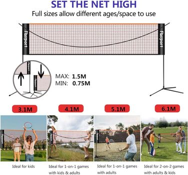 Сітка для бадмінтону, тенісна сітка 3-6 м портативна волейбольна сітка для бадмінтону, 3 висоти можна регулювати розбірний лоток для бадмінтону, в приміщенні та на вулиці (5,1 м)