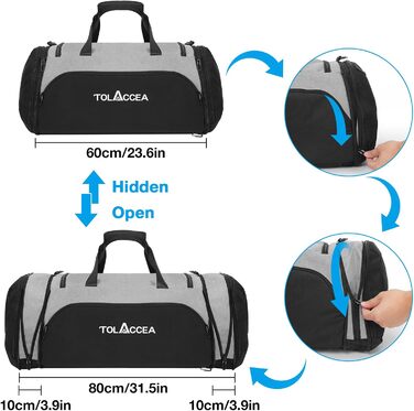 Розширювана спортивна сумка Tolaccea 54L-72L для жінок, чоловіків, велика дорожня сумка-рюкзак з відділенням для взуття, сумка для фітнес-тренувань для тренажерного залу, подорожей, плавання, сауни, футболу (сірий)