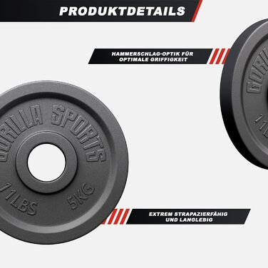 Вагові пластини GORILLA SPORTS Olympia - 1,25 кг, 2,5 кг, 5 кг, 10 кг, 15 кг, 20 кг, 25 кг, 30 кг, діаметр отвору 50 мм, чавун, одинарний/комплект - вагові пластини, набір вагових пластин, гантелі (30 кг (6x5 кг))