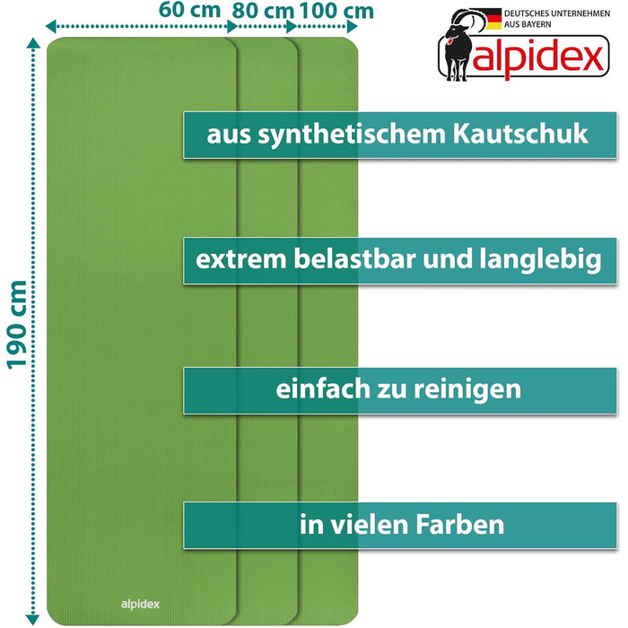 ALPIDEX килимок для йоги та фітнесу, 1,5 см, нековзкий, три розміри, без фталатів, з ременем для перенесення, для тренувань, пілатесу, спорту, фізіотерапії, HIIT та йоги