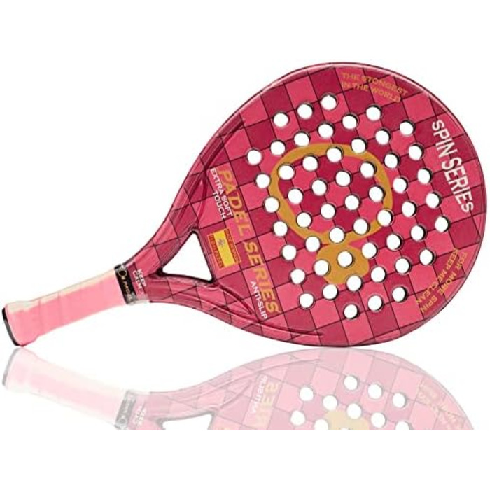 СЕРІЯ PADEL Серія SPIN ABS і полікарбонатна ракетка Padel Максимальна продуктивність завдяки інноваційним, нековзним прогумованим бічним сторонам Червона ракетка тверда, синя ракетка м'яка, ракетка фуксія екстра м'яка