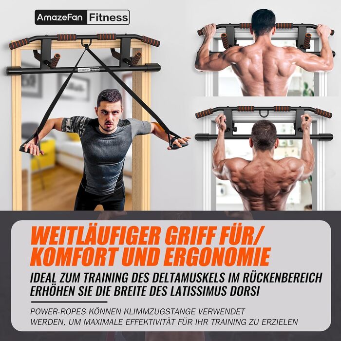 Дверна рама AmazeFan Pull-Up Bar, модернізована турніка 2024 року з кількома варіантами хвата, з додатковим тренажером для строп, універсальна застосовується для більшості дверей Чорний/помаранчевий