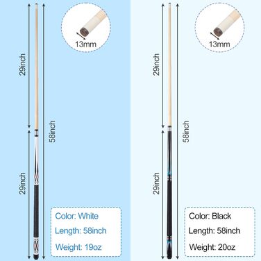 Більярдний кий Sinsilvie 58 19 20 унцій з наконечником 13 мм, чорний або білий, 1/2 кленових київ для більярду, більярдний кій, більярдний кий для чоловіків і жінок. (Білий 19 унцій і чорний 20 унцій)