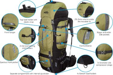 Туристичний рюкзак Mount S+ 120 л для подорожей, фронтальний і верхній вхід, з дощовиком, для жінок і чоловіків, виготовлений в ЄС
