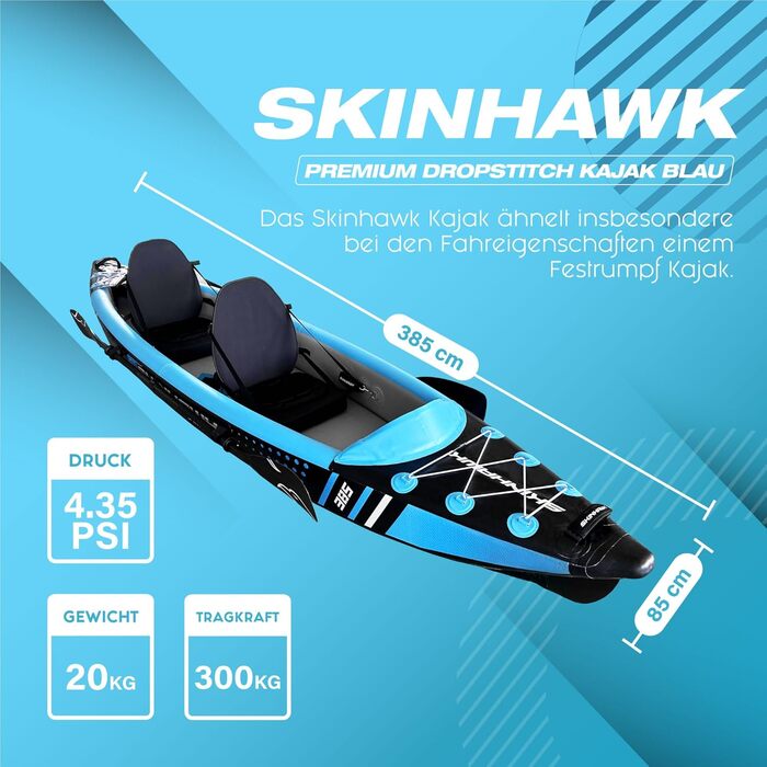 Байдарка SKINHAWK Premium Drop Stitch 385, надувна, синя, 385x85 см