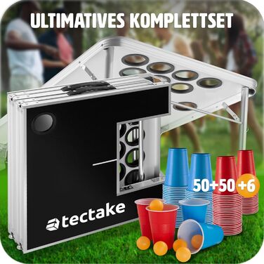 Стіл для пивного пінг-понгу tectake з 100 стаканами (50 червоних, 50 синіх) та 6 м'ячиками, складаний, з регулюванням висоти, для вечірок і дорослих, Beer Pong