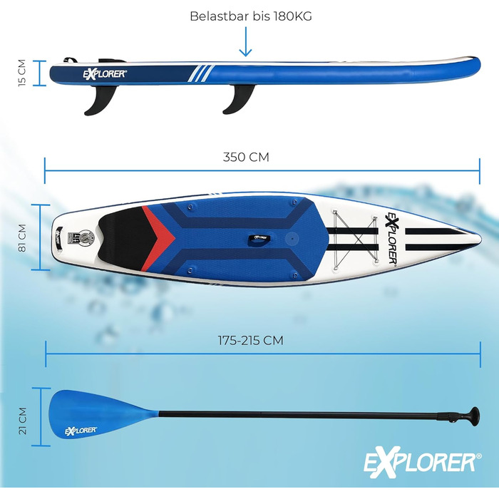 Дошка для веслування EXPLORER SUP Fusion Stand Up до 180 кг Повний комплект з алюмінієвим веслом, рюкзаком, насосом, плавником і набором патчів. (ВІНДСЕРФ-ТУРЕР 11.6)