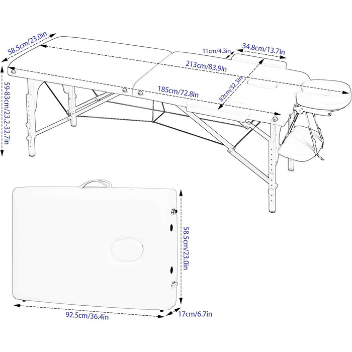 Мобільний масажний стіл VORSCH 2 зони, масажний стіл складний регульований по висоті, переносна масажна лавка на дерев'яних ніжках, косметичний столик з підлокітниками підлокітник підлокітник сумка для перенесення, (біла)