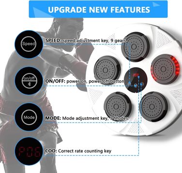 Музична боксерська машина Bluetooth, музична електронна коробка зі світлодіодом, акумуляторна боксерська машина USB, декомпресія для дітей та дорослих, прискорює реакцію рук і очей і координацію, білий