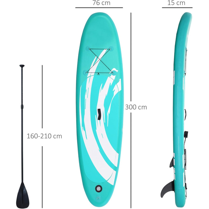Надувна SUP-дошка Outsunny 300x76x15 см з веслом, регульованими плавниками, антиковзаючим покриттям, насосом і сумкою, синя