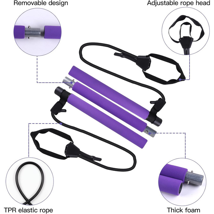 Палиця для пілатесу Складна палиця для пілатесу Натяжна мотузка Регульована гнучкість йоги Сила рук Вправа для талії та ніг (3 частини фіолетові)