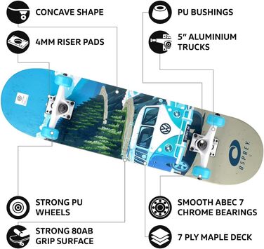 Скейтборд Osprey Volkswagen Absolute Beginner Double Kick Trick, 78,7 x 20,3 см Maple Deck Explorer