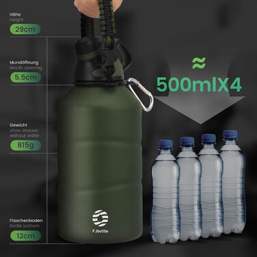 Пляшка для води з нержавіючої сталі Fjbottle з магнітною кришкою, герметична металева пляшка Termo без бісфенолу А - газована спортивна пляшка для води для універу, фітнесу, кемпінгу, активного відпочинку (зелена, 1900 мл)