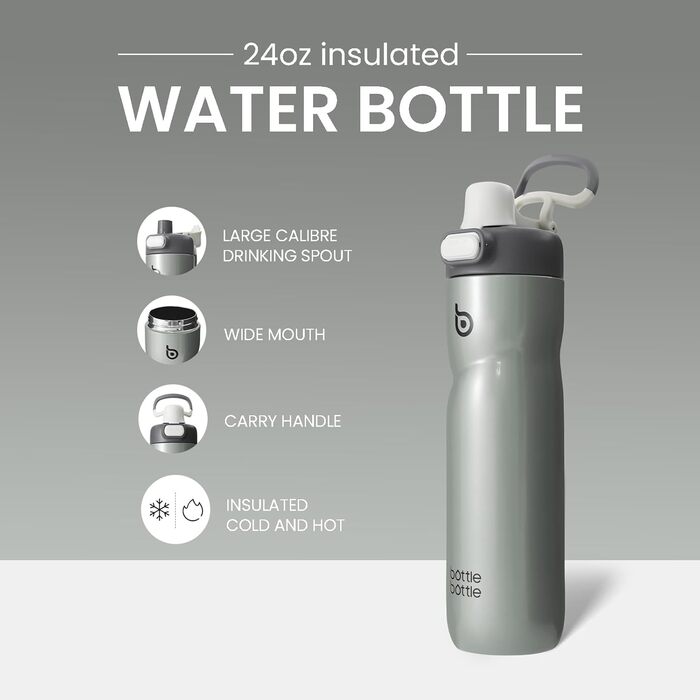 Термос-пляшка BOTTLE BOTTLE 680 мл з ручкою, нержавіюча сталь, сірий, ізоляційна, кнопковий клапан, не протікає, для спорту, подорожей, велосипеда, бігу, туризму