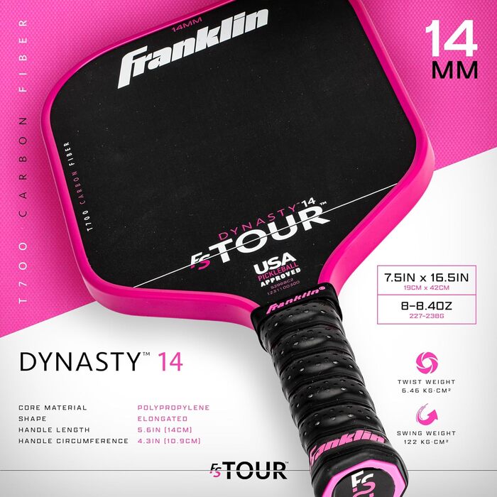 Професійна ракетка для піклболу Franklin Sports FS Tour Series з сирого вуглецевого волокна T700, цілісна конструкція з епоксидною смолою, затверджено USA Pickleball, моделі Dynasty і Tempo, 14/16 мм, сірий, синій, рожевий