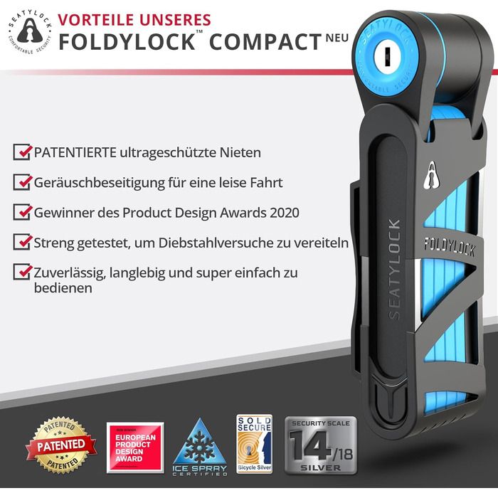 Складаний велосипедний замок FoldyLock Compact 85 см – високий рівень безпеки, з ключем і кріпленням, для електровелосипеда, самоката і мотоцикла