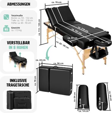 Мобільний масажний стіл tectake з 3 зонами, складний, з оббивкою 7,5 см, вантажопідйомність до 250 кг, масажна лава з сумкою для аксесуарів, повний і половинний рулон, мобільні меблі для масажу - (Чорний)