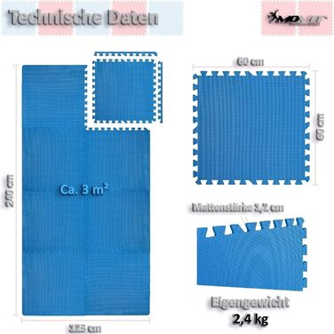 MOVIT Захисні підлогові мати-пазли, 3 м², 8 шт., 60x60x1,2 см, з 16 крайовими вставками, 11 кольорів, підкладка для тренувань