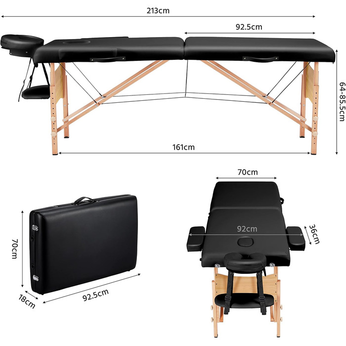 Набір масажних столів Yaheetech 2 зони Масажне ліжко з ніжками букового дерева Складна масажна лава шириною 70 см і регульованим по висоті поворотним табуретом Масажний стілець