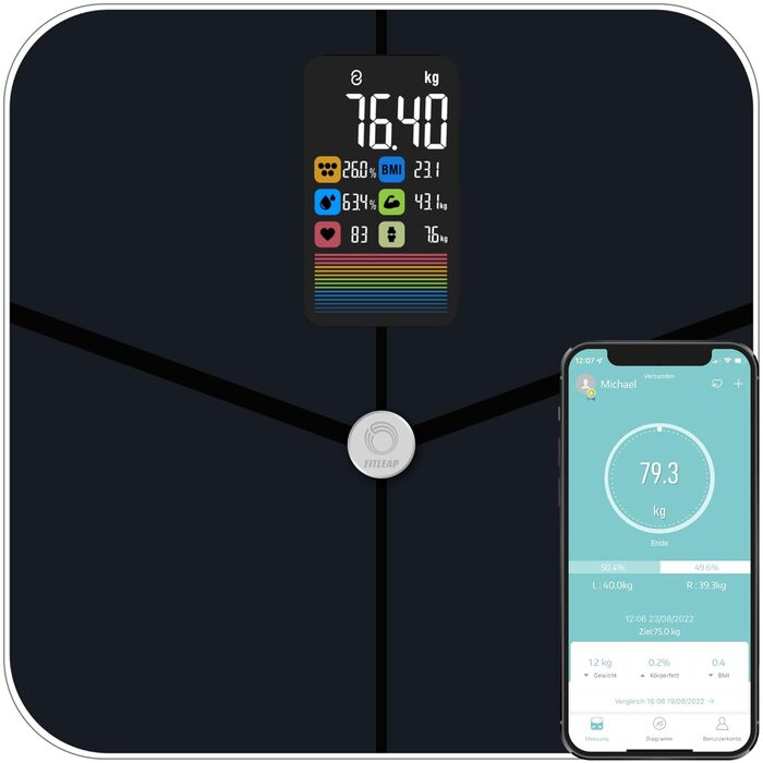 Ваги Fitleap з аналізом жиру та м'язів до 180 кг, з великим дисплеєм і додатком, ваги для ванної кімнати та шкали жиру в організмі також підходять для великих ніг Темно-синій