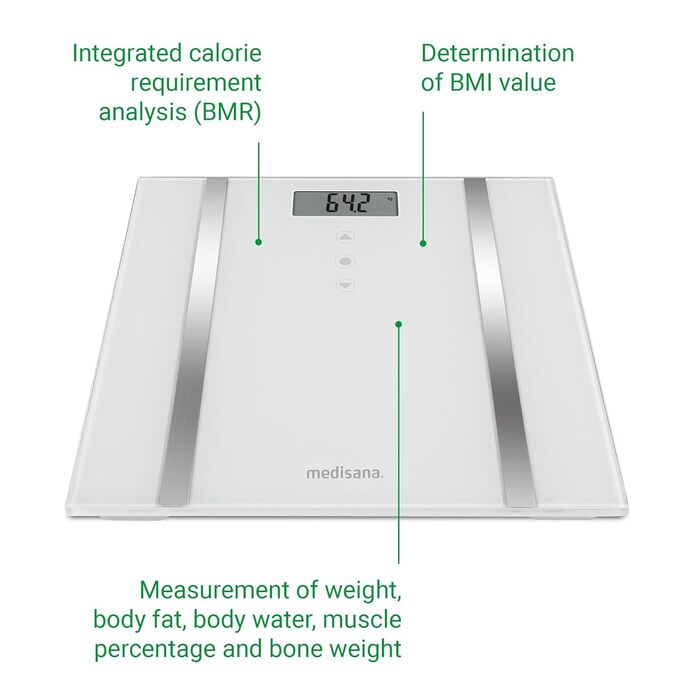 Цифрова шкала складу тіла medisana BS 483, шкала для ванної кімнати, шкала жиру в організмі, вимірювання жиру в організмі, води в організмі, м'язової маси та ваги кісток, до 180 кг, білий / срібло
