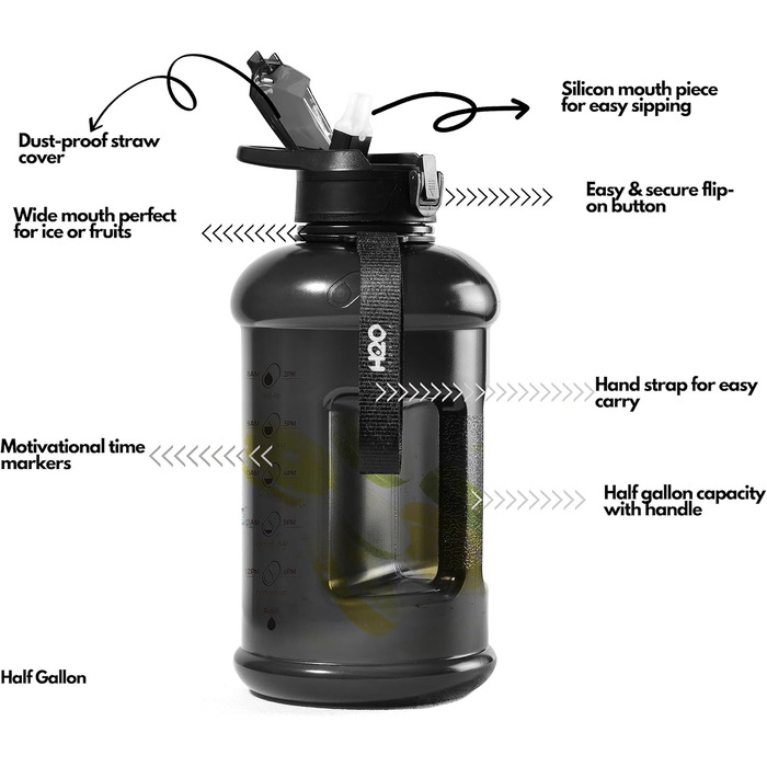 Мотиваційна пляшка для води H2O Capsule INSPO 1,9 л з трубочкою, часовими позначками, зручним ремінцем, BPA-free, Jet Black, герметична, харчовий пластик